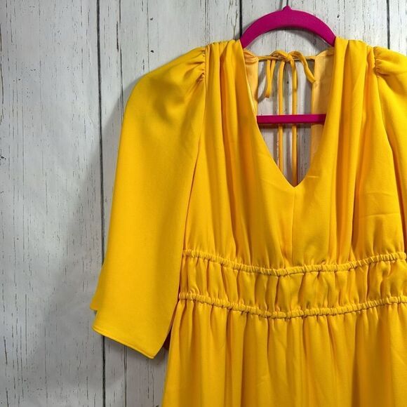 Trina Turk Yellow Empire Waist Midi Dress V Neck Balloon Sleeve Size 6 Retro - Picture 3 of 16